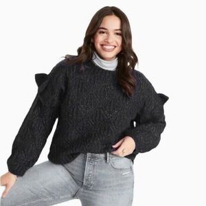 Old Navy Ruffle-Trim Pointelle-Knit‎ Sweater Black Jack Shimmer